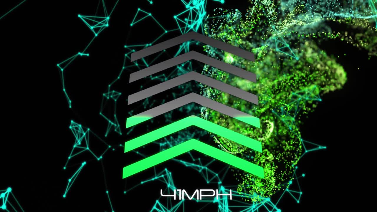 animación de flechas iluminadas, número cambiando con texto mph, puntos conectados, patrón abstracto