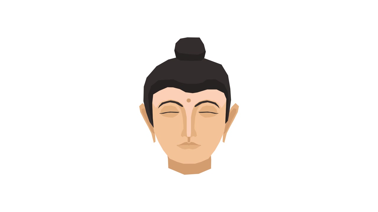 Testa di Buddha animata con occhi chiusi su sfondo bianco