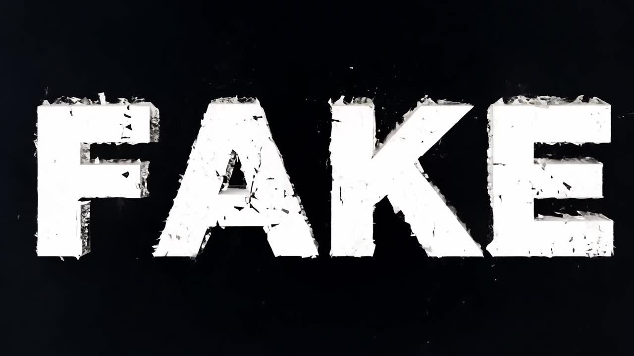 '가짜'라는 단어가 3d로 표현되어 어지고 무너지는 효과가 있습니다.