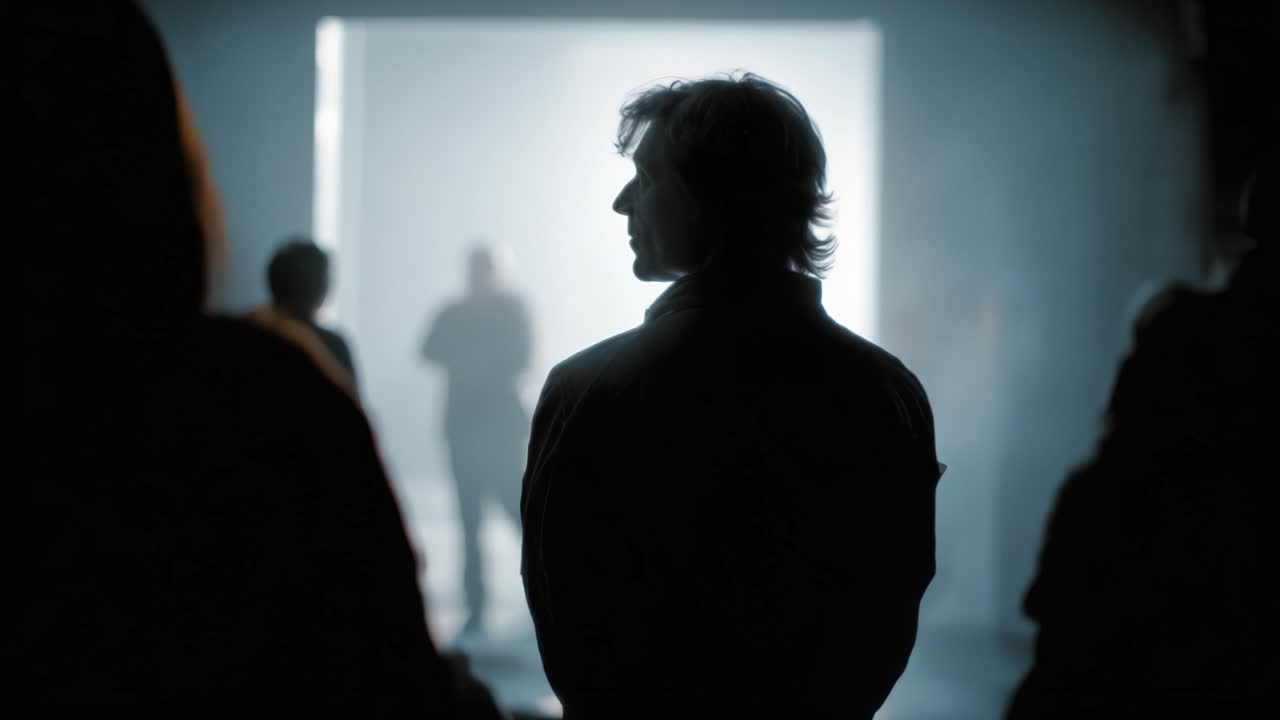 Silhouetted Figures in a Dimly Lit Space with a Bright Exit Frame Creating a Mysterious Atmosphere of Anticipation and Reflection in the Background
