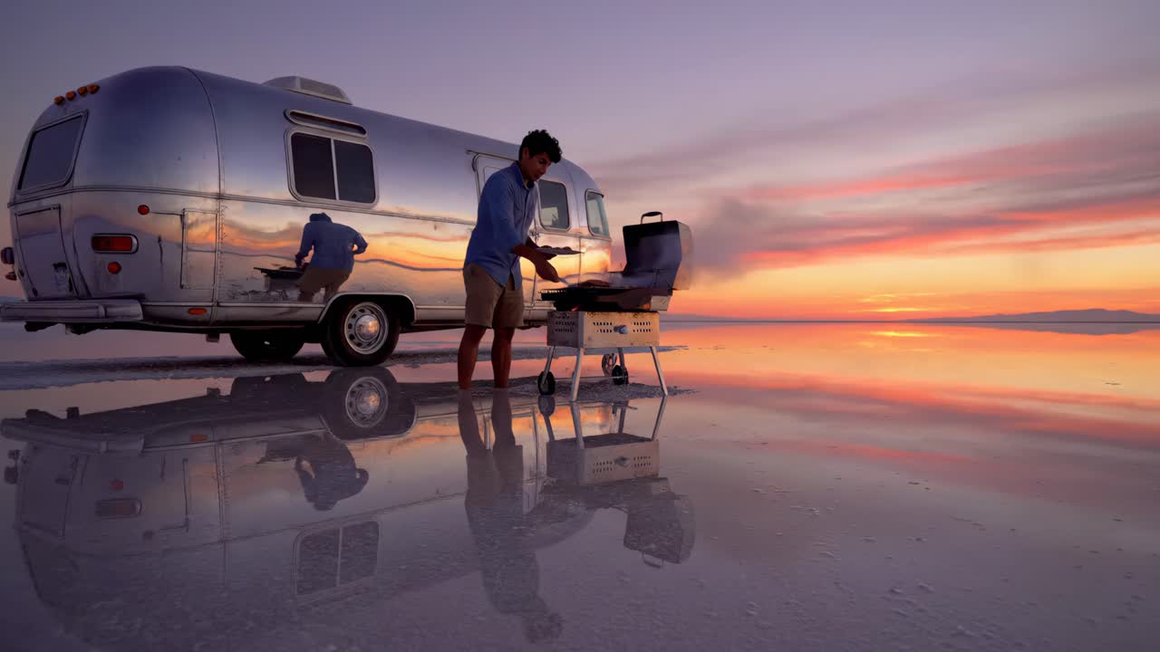 Man grilling by an Airstream trailer on a salt flat at sunset