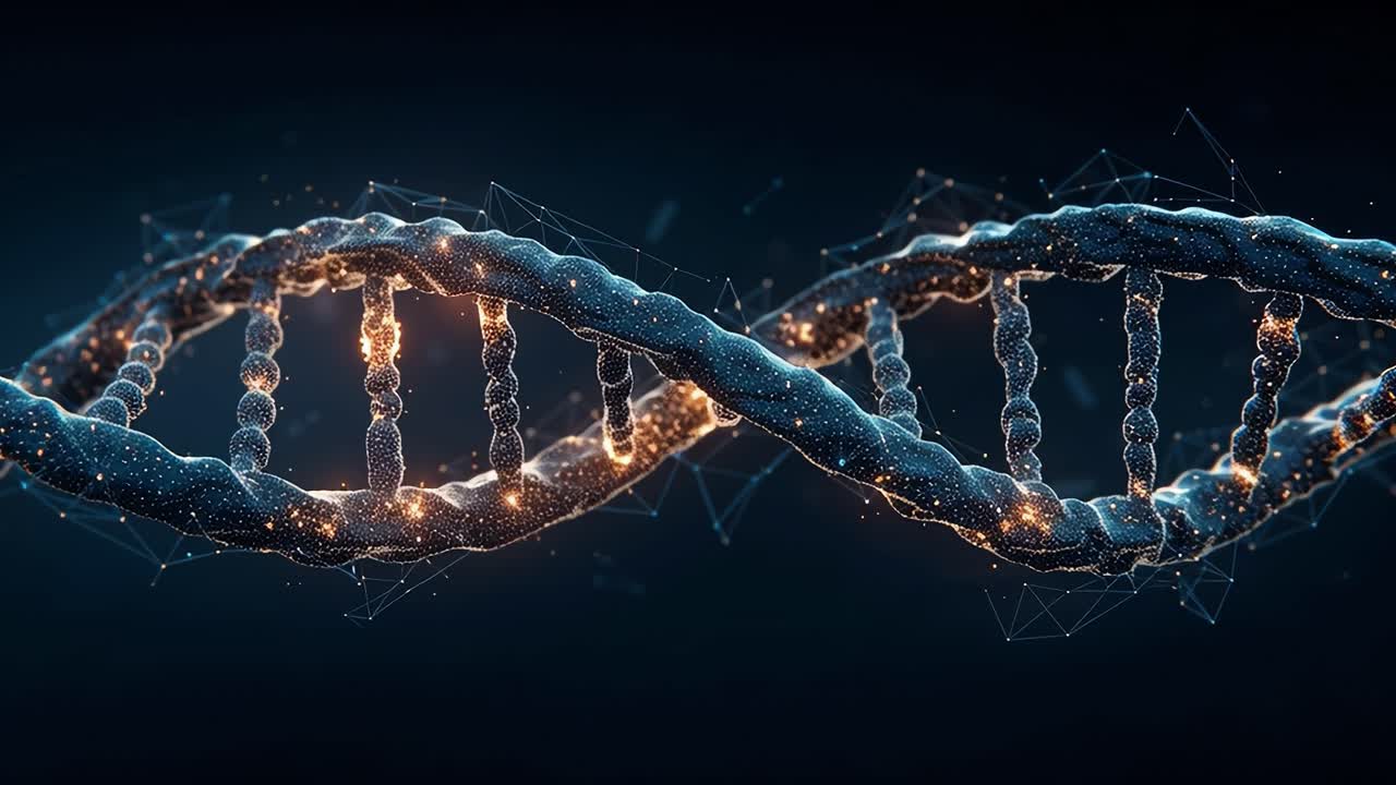 Glowing dna double helix rotating on dark blue background