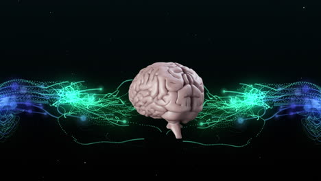 human brain spinning against green and blue digital waves on black background