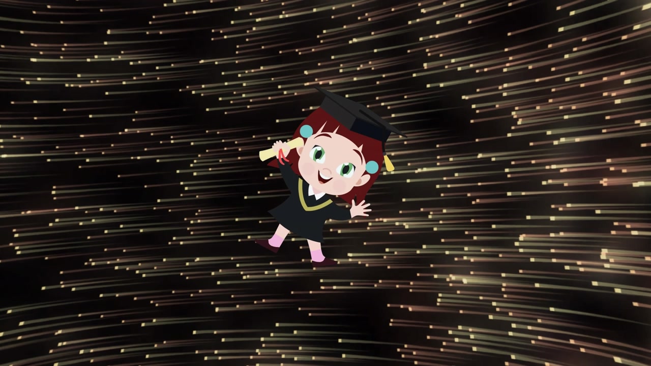 Animation of schoolgirl icon over light trails