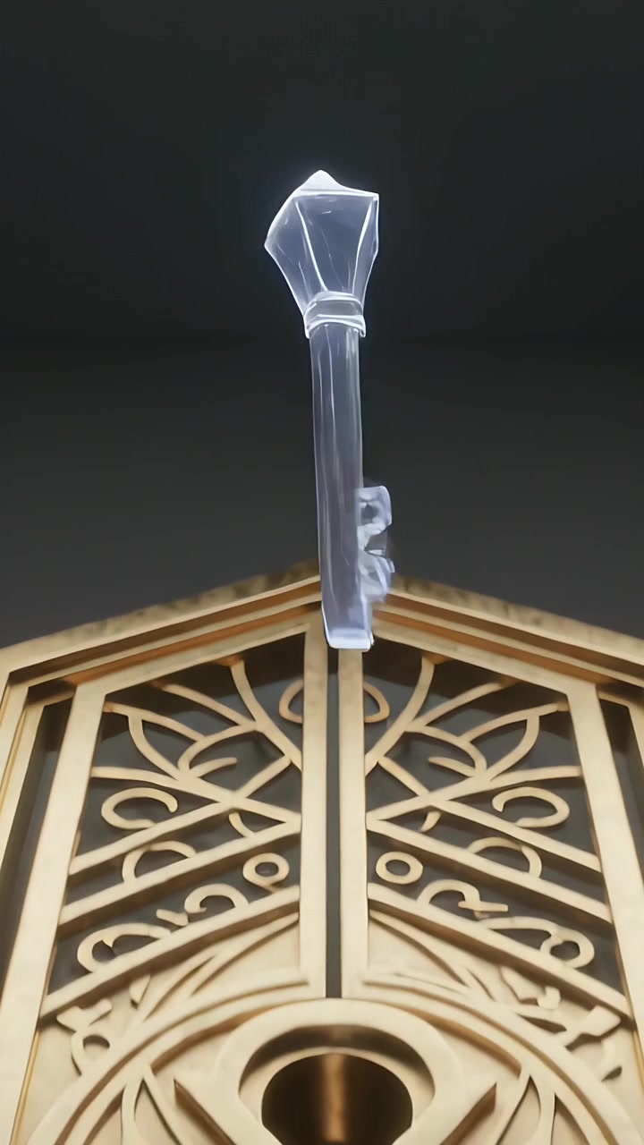 Video verticale: Appare una chiave di cristallo che scende in una serratura di una porta d'oro ornata, aprendo la serratura.