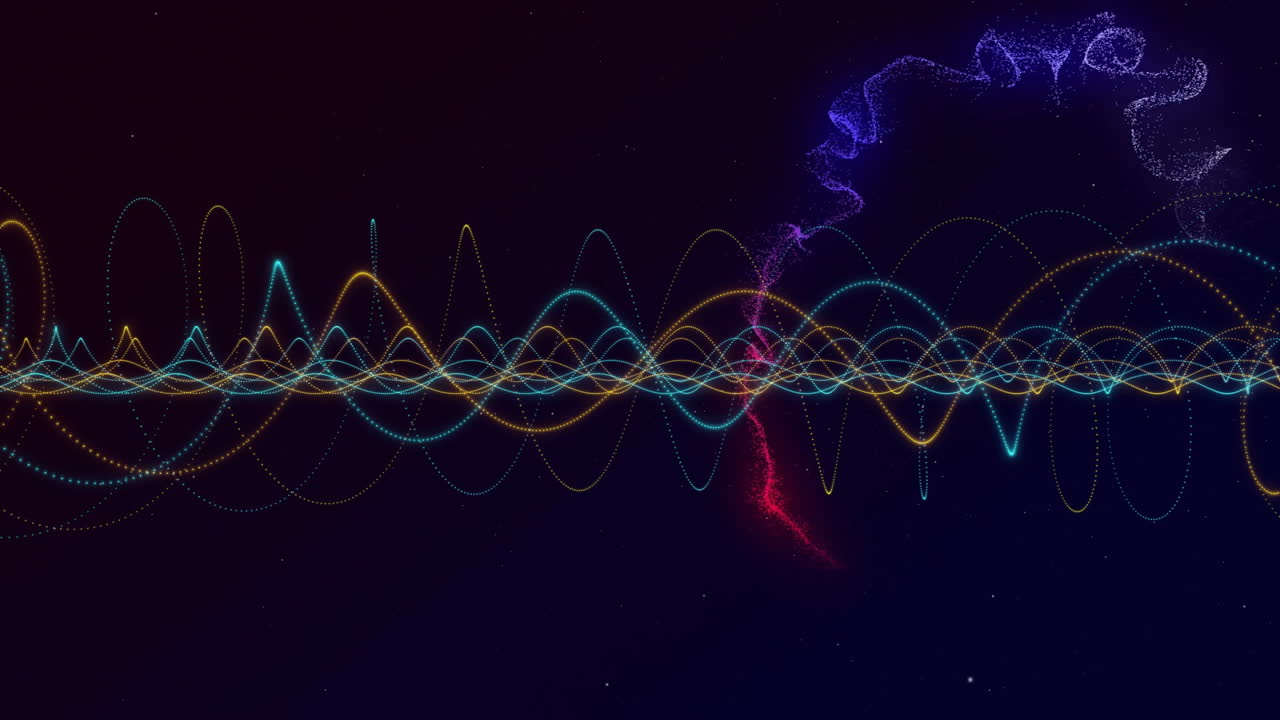 Abstract colorful dotted waveform being animated across dark starry scene, looping in data visual