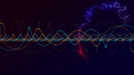 Abstract colorful dotted waveform being animated across dark starry scene, looping in data visual