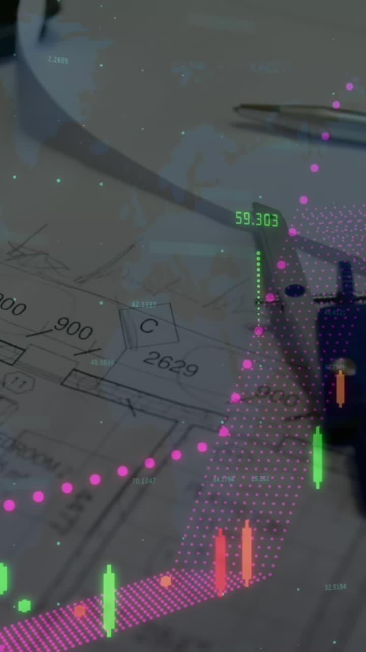 animación de estadísticas y procesamiento de datos financieros sobre planes de arquitectos y brújula