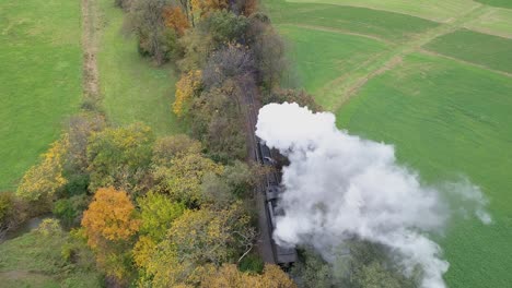 Aerial-over-head-view-of-an-antique-restored-steam-locomotive-traveling-thru-autumn-trees-as-it-is-blowing-white-smoke-and-steam