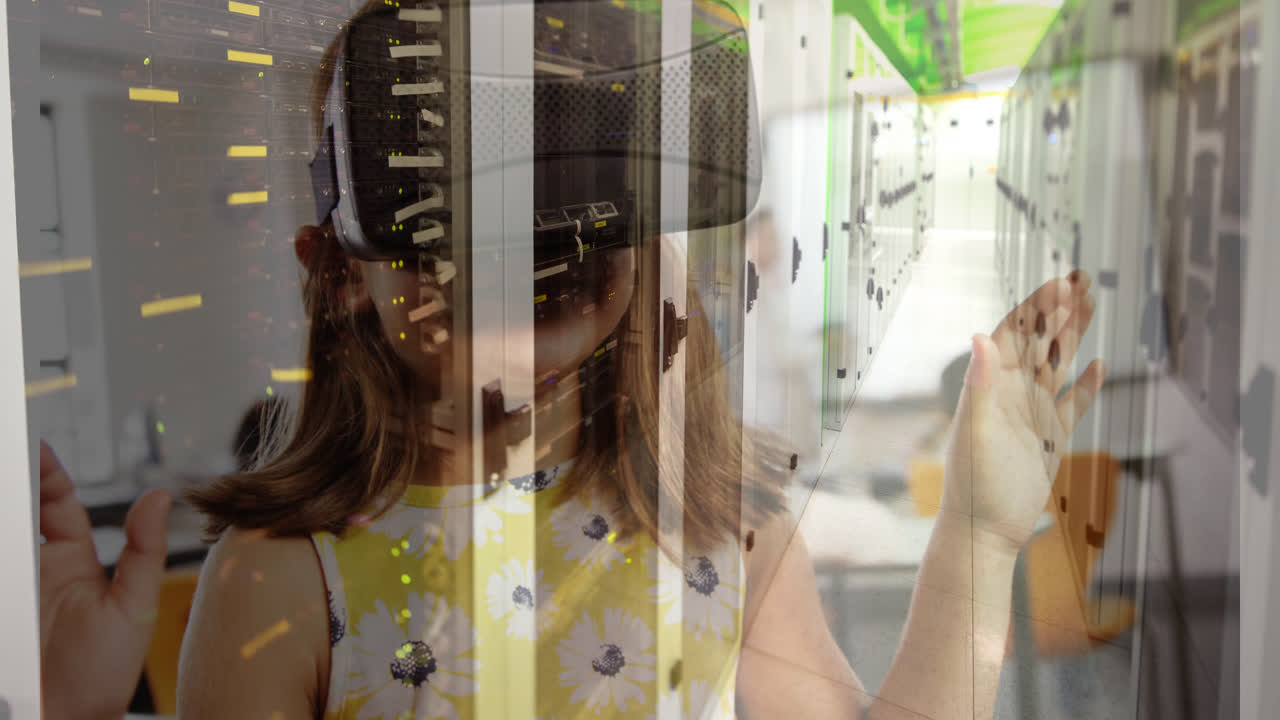vr 헤드 ⁇ 을 착용한 여학생에 대한 컴퓨터 서버의 애니메이션