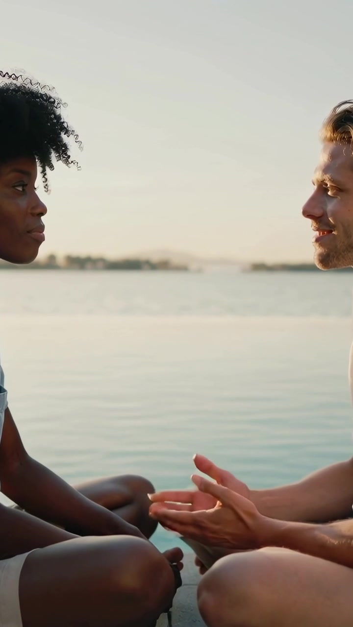Vertical video: Man starting talk, gesturing while woman in denim listening at dock by lake