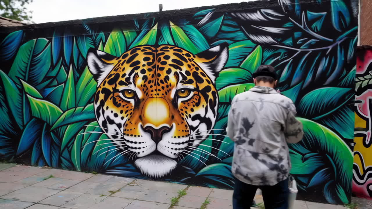 Street Art Mural of a Jaguar in a Tropical Setting