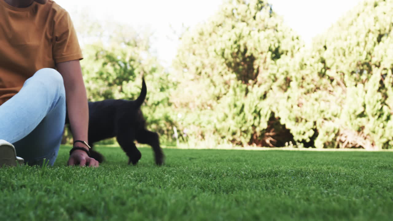Uomo asiatico seduto sull'erba nel parco, che si gode una giornata di sole all'aperto, con spazio per il testo.