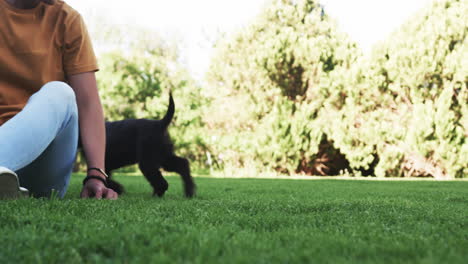 Asian man sitting on grass in park, enjoying sunny day outdoors, copy space