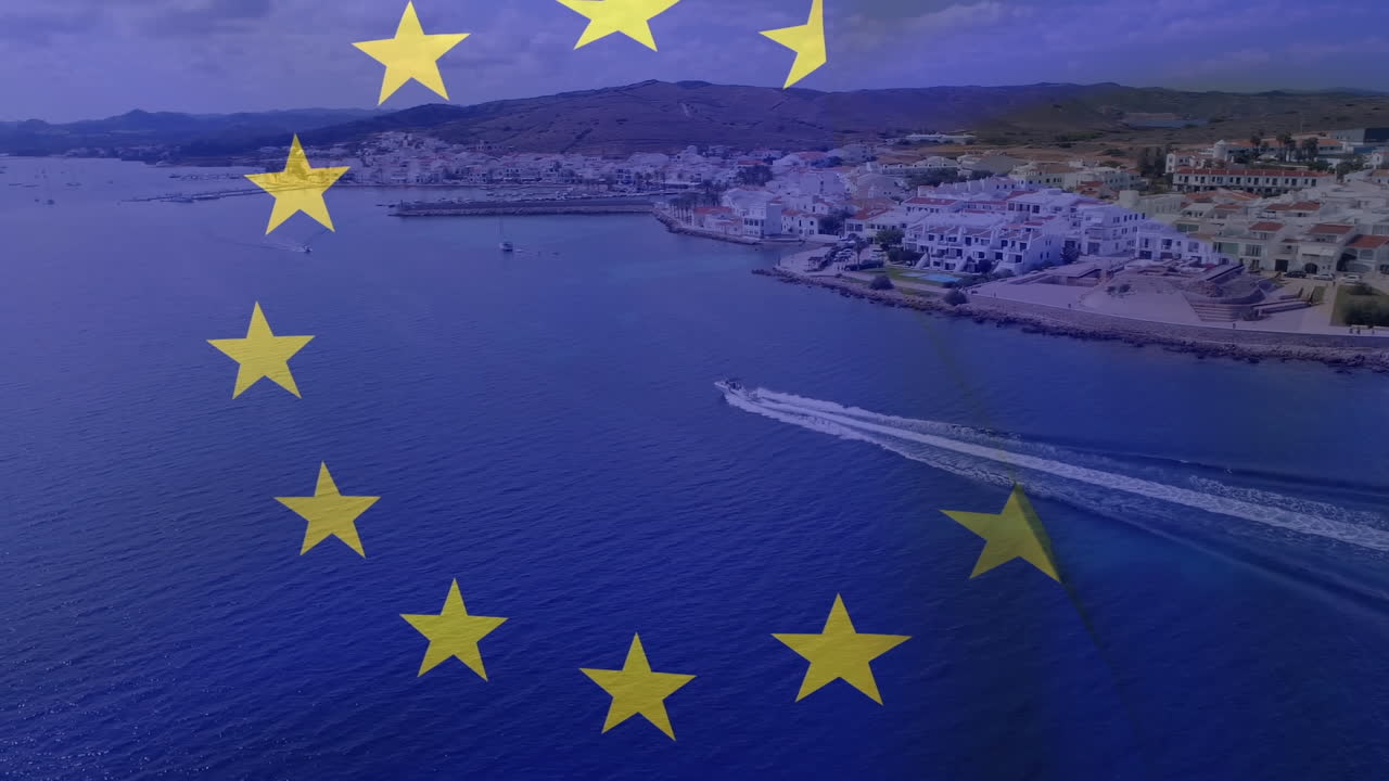 animación de la bandera de la unión europea sobre el paisaje