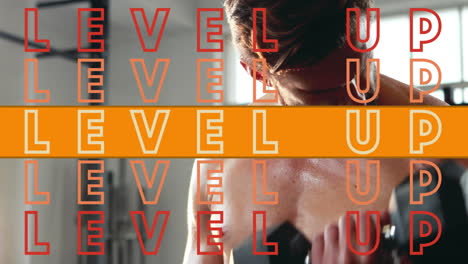 animation of level up text in repetition with orange stripe over man working out with weights