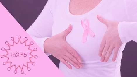 animation of breast cancer awareness text over caucasian woman