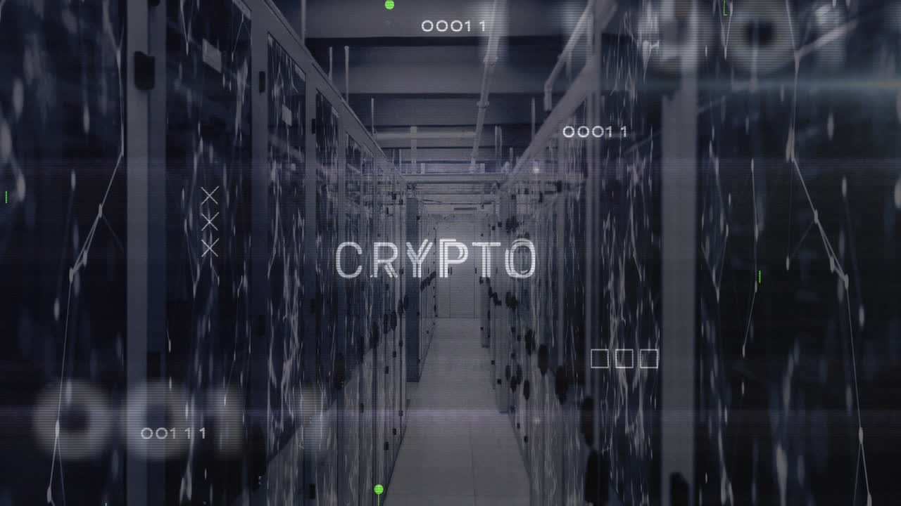 Animation of crypto text, x sign, binary codes and circuit board patterns over server room