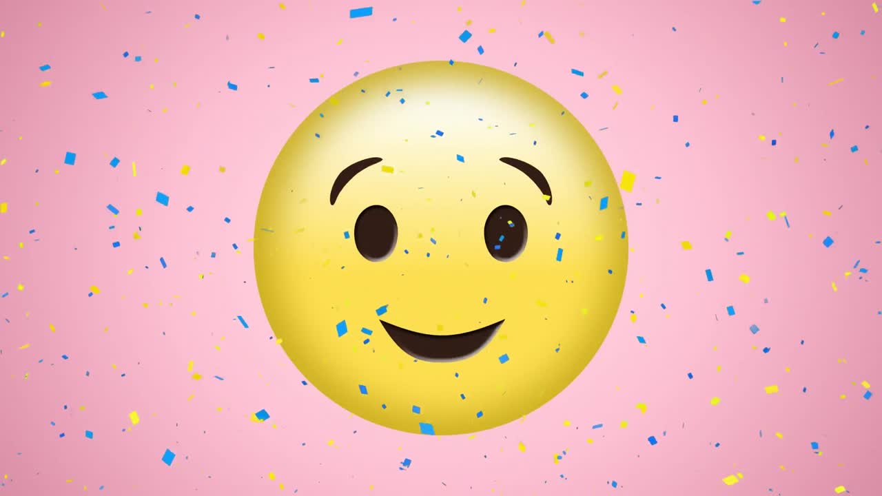 핑크색 배경에 행복하고, 눈을  ⁇ 이는 이모지 위에 떨어지는 콘페티의 애니메이션