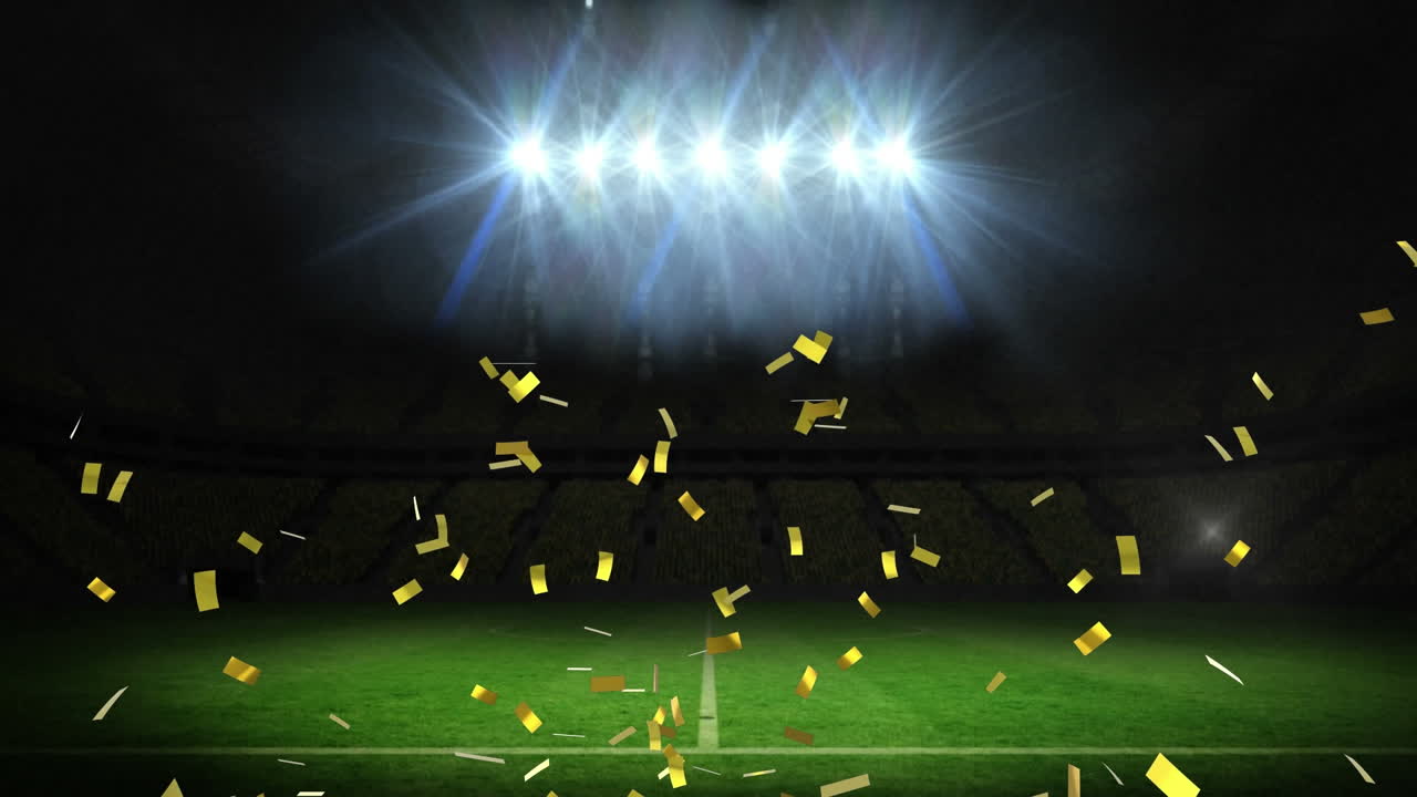 스포츠 경기장에서 홍수 조명 피치 위에 떨어지는 금 콘페티의 애니메이션