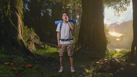 man shouting in forest