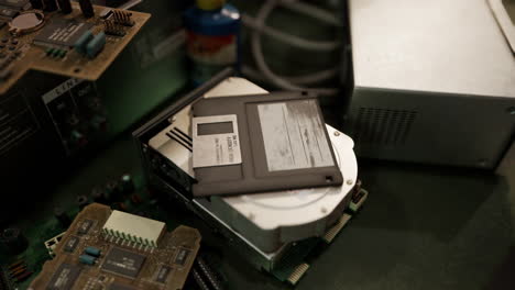 old computer floppy disk and motherboard