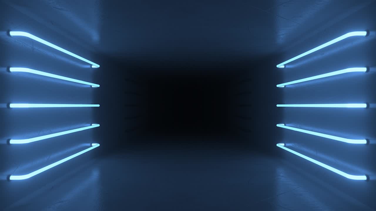 푸른색과 녹색으로 빛나는 네온 램프, 형광 램프와 함께 추상적인 방 인테리어, 미래 건축 배경, 디자인 프로젝트의 모형, 4k에서 3d 애니메이션 루프