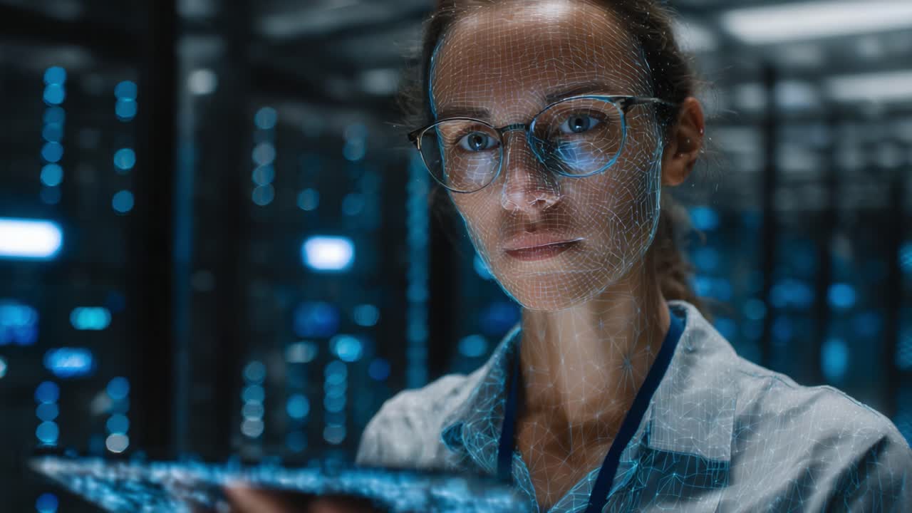 En fokuseret professionel anvender avanceret holografisk teknologi, analyserer data via en tablet i et højteknologisk miljø, der viser fremtiden for digital innovation.