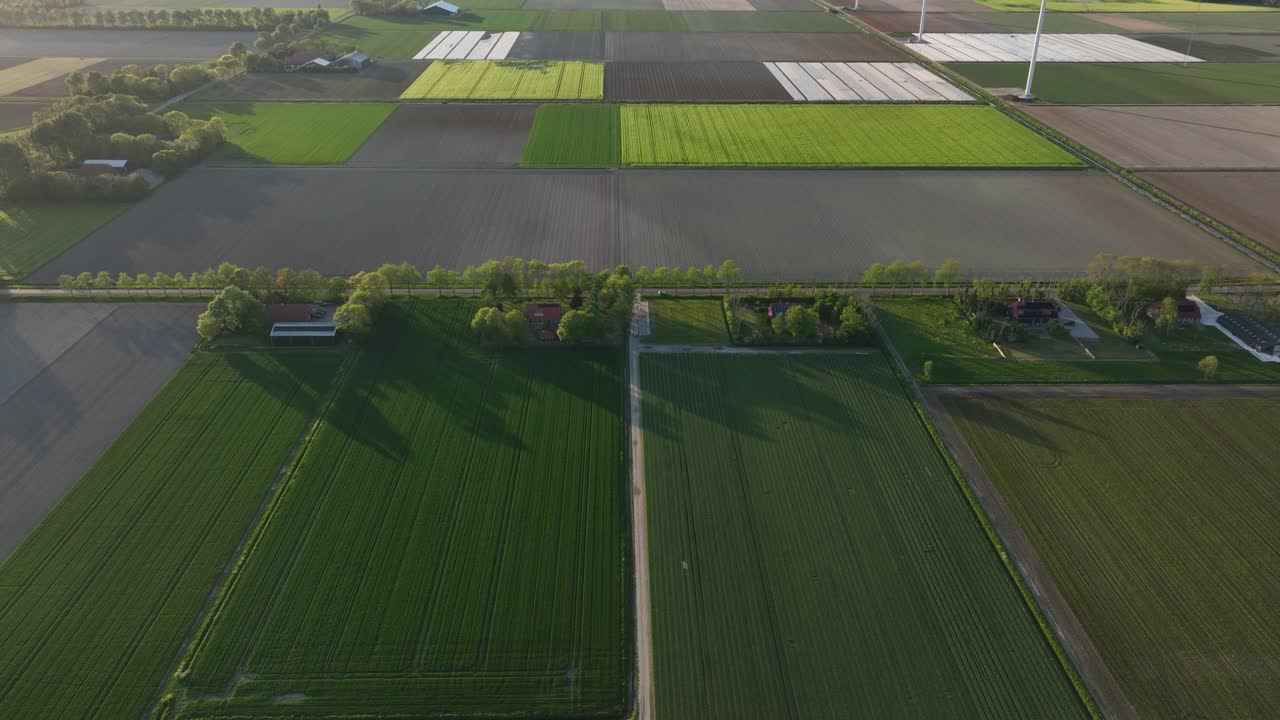 dutch countryside wind turbines, showcasing, renewable energy, sustainable energy generation in The Netherlands. Aerial view.