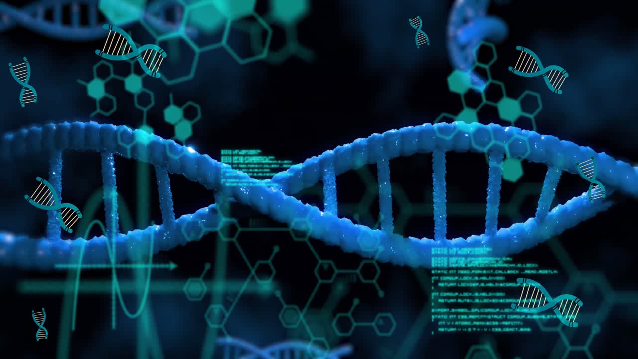 animación de procesamiento de datos, adn y estructuras químicas flotando contra un fondo azul
