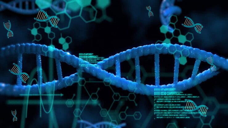 Animation of data processing, dna and chemical structures floating against blue background
