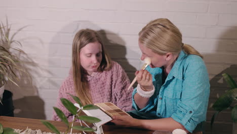 mother teaching daughter makeup