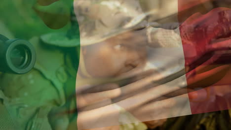 animation of flag of italyover soldier with weapon