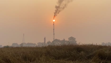 Zona-Industrial-Con-Planta-De-Gas-Que-Emite-Humos,-Sol-A-Juego-Con-Torre,-Día