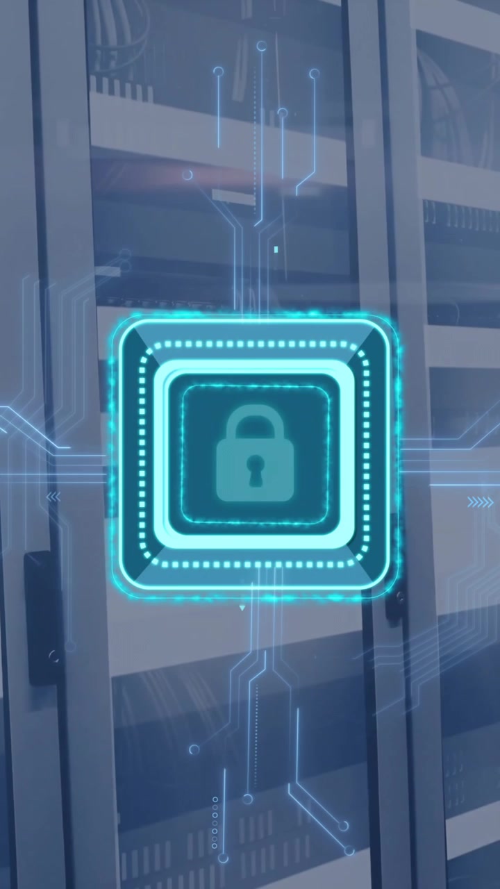 Animation of digital data processing, padlock icon, circuit board and computer servers