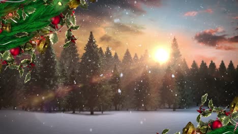 christmas wreath decoration over snow falling on multiple trees on winter landscape