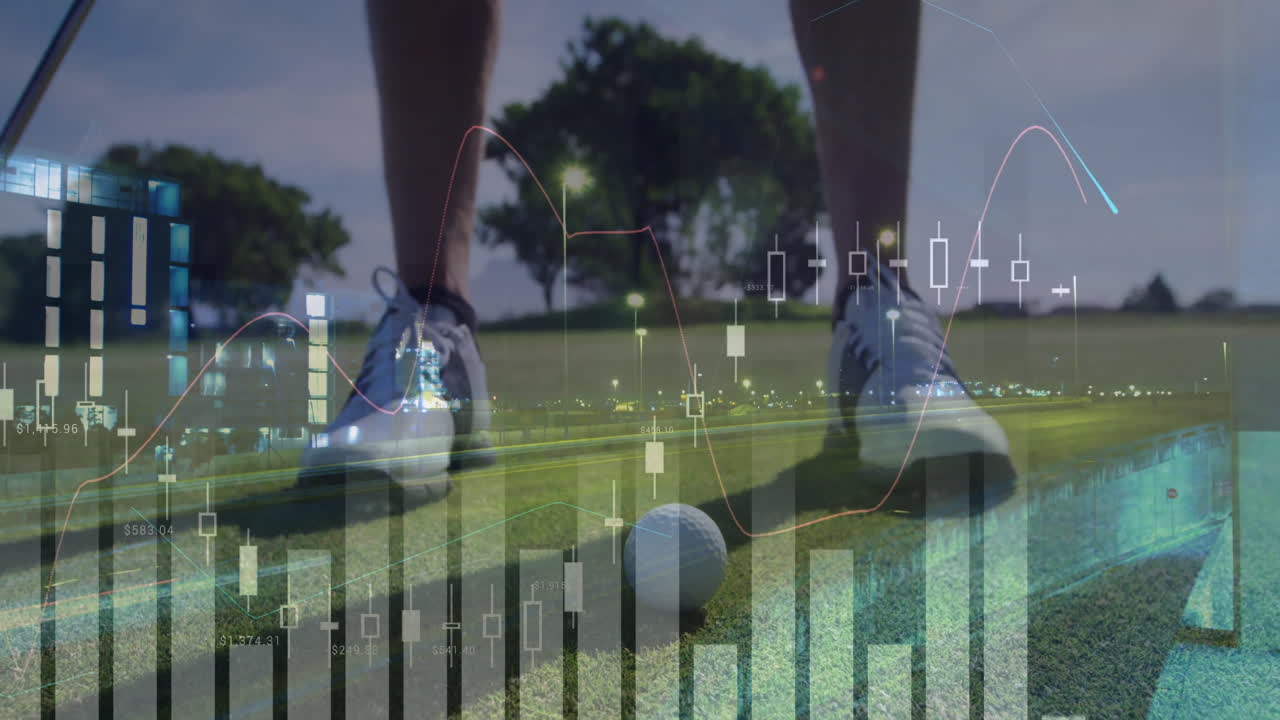 Preparing to putt, golfer with animation of financial data charts on screen
