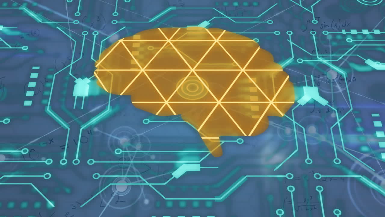 Animation of human brain, circuit board and data processing