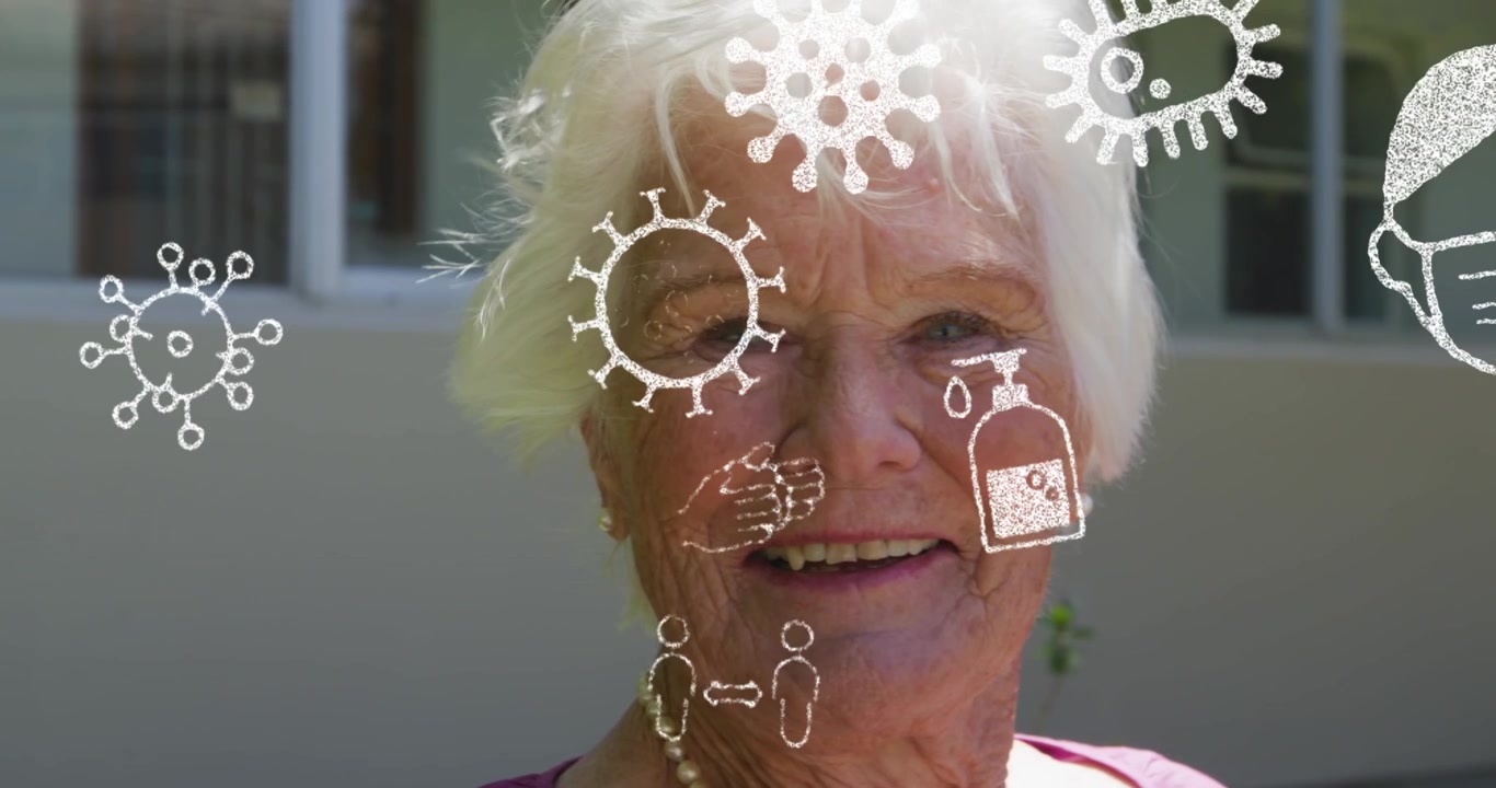 Smiling Elderly Woman with Animated COVID-19 Health Safety Icons