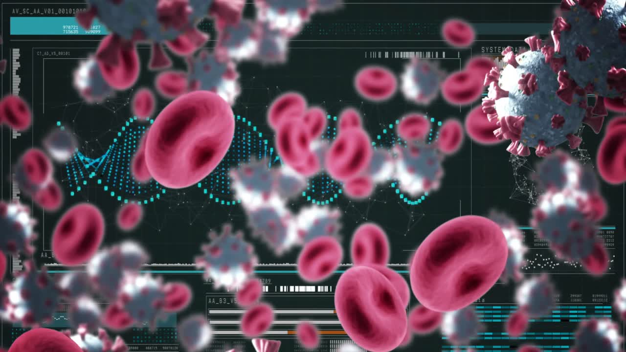 의료 데이터 처리와 디지털 인터페이스에서 떠다니는 코로나19 세포의 애니메이션