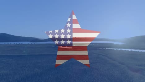 Animation-of-red,-white-and-blue-circles-and-american-flag-star-over-beach-and-sunny-sky