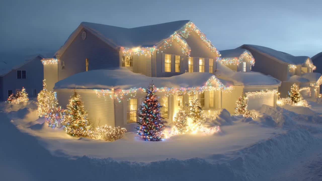 A Stunning Winter Wonderland: The Enchanting Transformation of a Snow-Covered House Adorned with Sparkling Christmas Lights, Creating a Festive Atmosphere in the Neighborhood