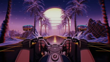 80s retro futuristic sci-fi seamless loop. vj landscape with motorcycle pov