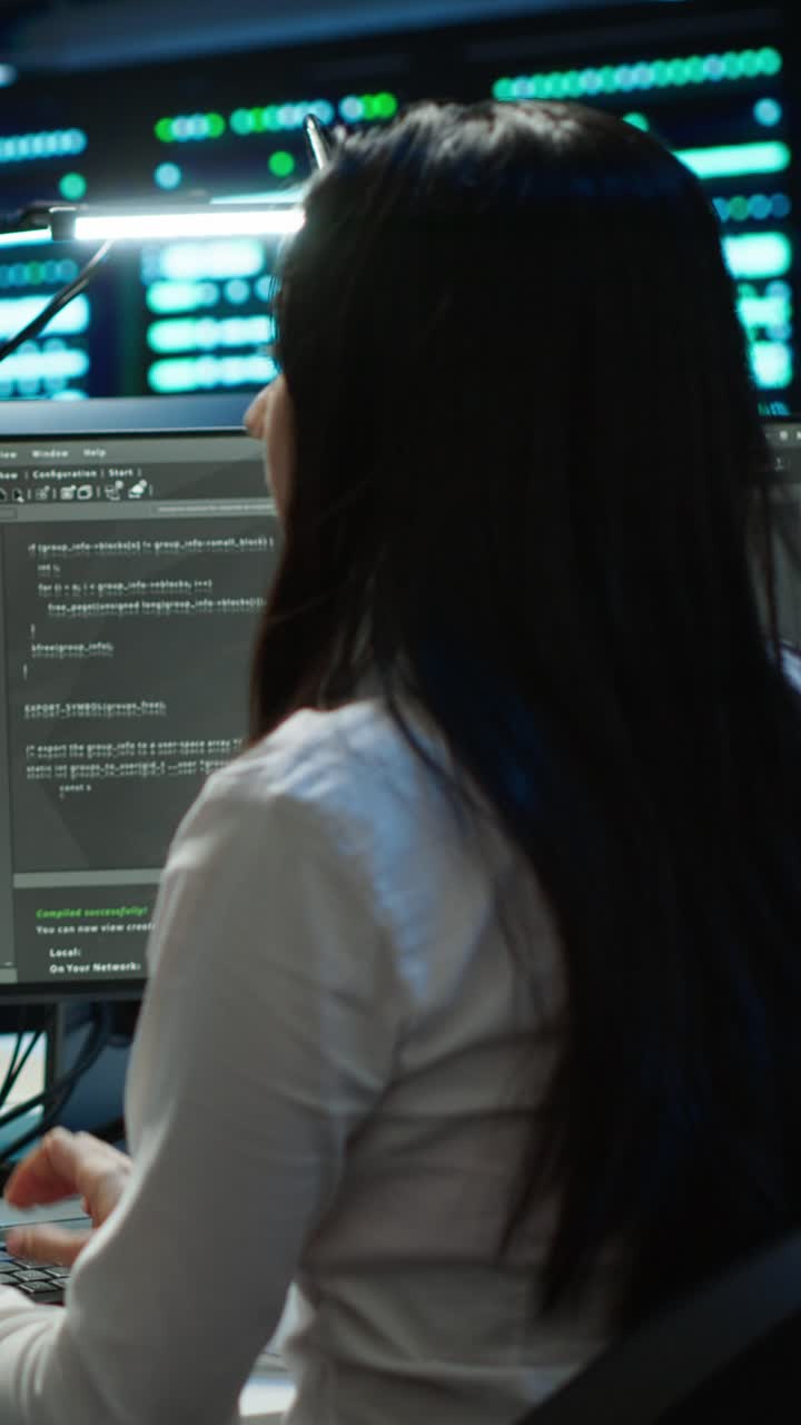 Donna che programma al computer in una stanza server buia