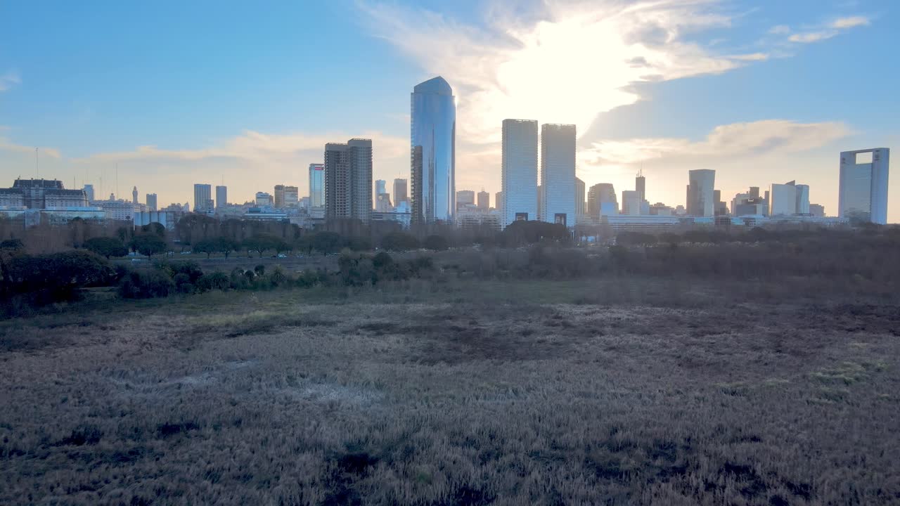 View of Buenos Aires from Costanera Sur Ecological Reserve; sunset skyline