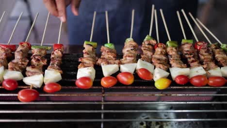 street food vendor grilling barbecue pork and chicken on skewers or meat kebabs with vegetables on flaming grill