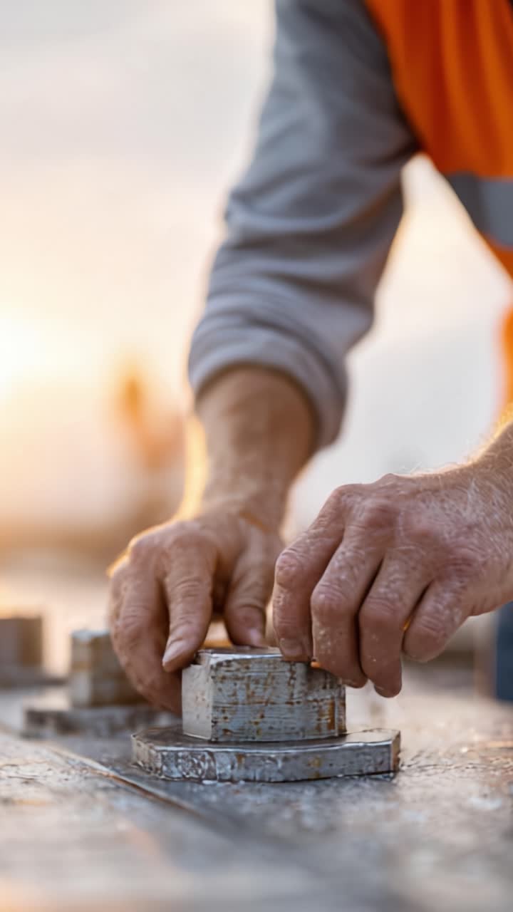 Prepared Construction Worker Skillfully Aligning Metal Components at Dusk, Showcasing Dedication to Craftsmanship and Precision on the Job Site