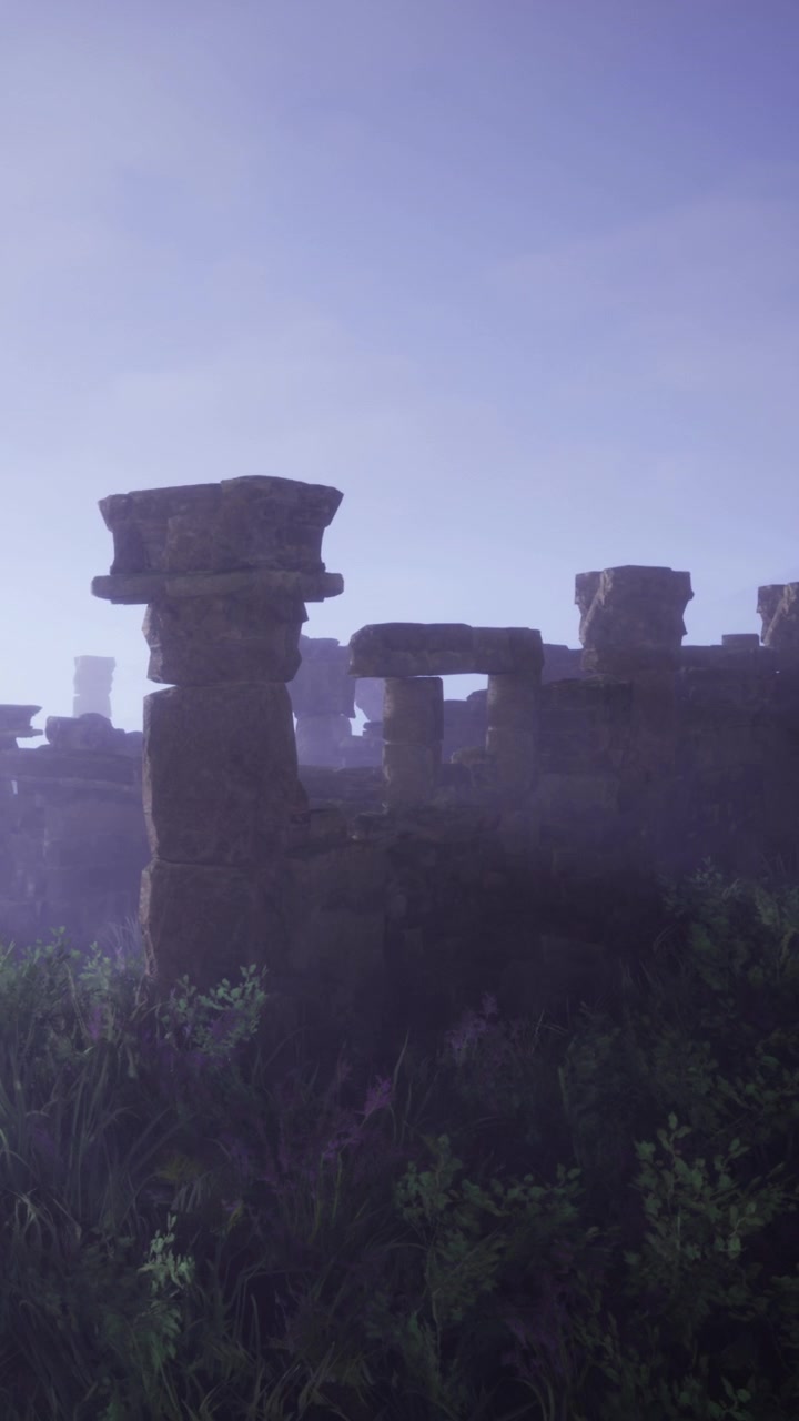 Antigua estructura de piedra en un paisaje brumoso con la luz del amanecer.