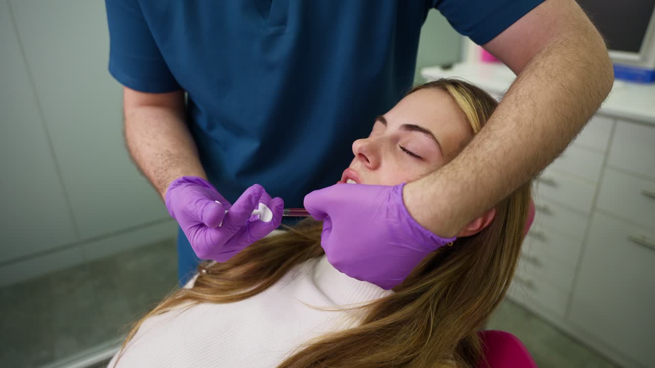 Professionista medico che inietta filler labbra a una giovane donna