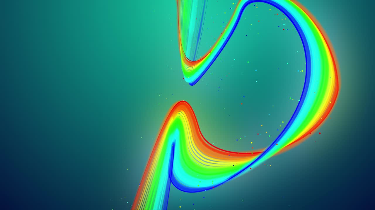 las líneas de brillo de color arco iris vuelan en el aire, oscilando suavemente y ondulando. el fondo creativo en bucle abstracto 3d como cinta de brillo flota en líquido con partículas. luma mate como canal alfa.